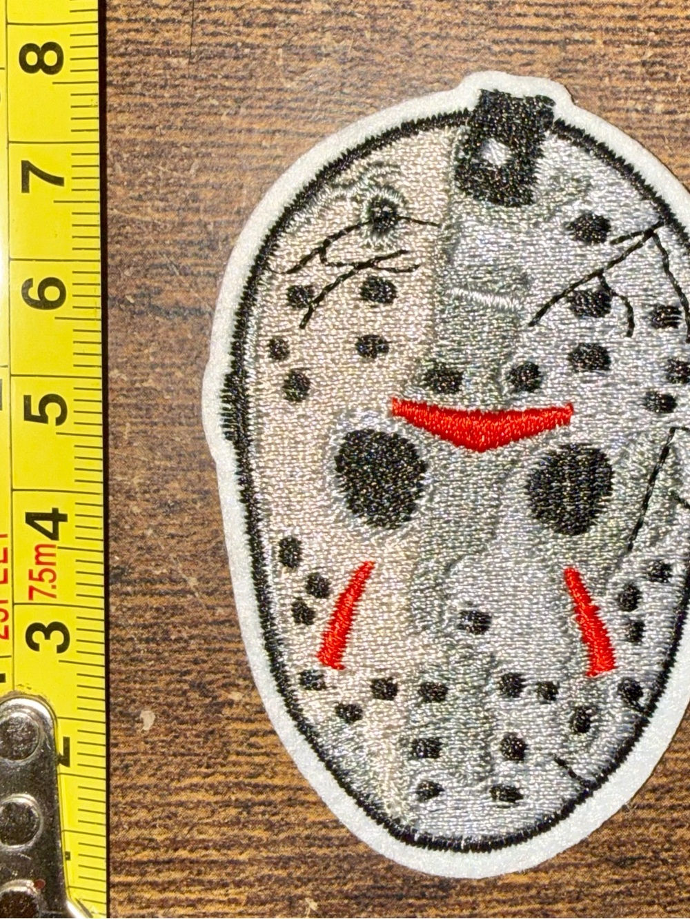 Jason Embroidered Hockey Mask Iron-On Patch — White, Black & Red Friday the 13th